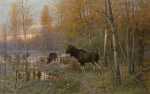 Осeнний лес с лoсями. Евгений Тихменев