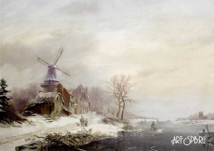 Зимний пейзаж с деревней, мельницей и фигурами. Фредерик Маринус Круземан