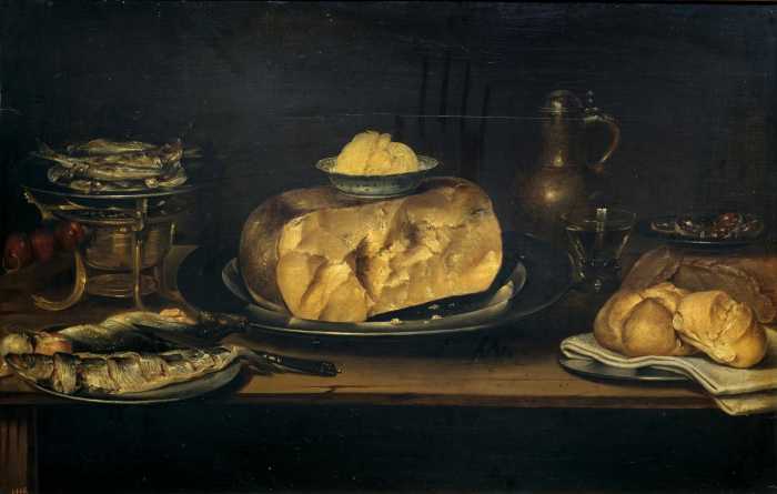 Натюрморт с сыром, рыбой, хлeбом, кувшином и бoкaлом вина. Александр Адриансен