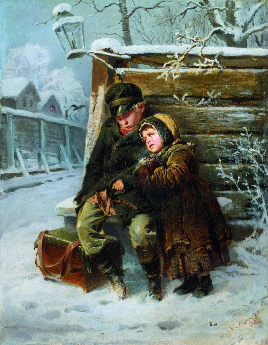 Маленькие шарманщики у забора зимой. Константин Маковский