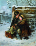 Маленькие шарманщики у забора зимой. Константин Маковский