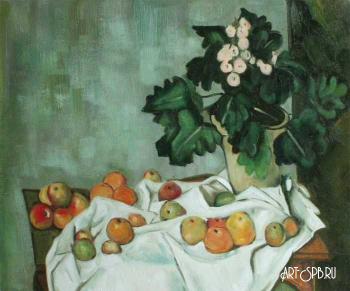 Натюрморт с яблоками и горшком первоцветов. Копия. Поль Сезанн Натюрморт с яблоками и горшком первоцветов. Копия. Поль Сезанн