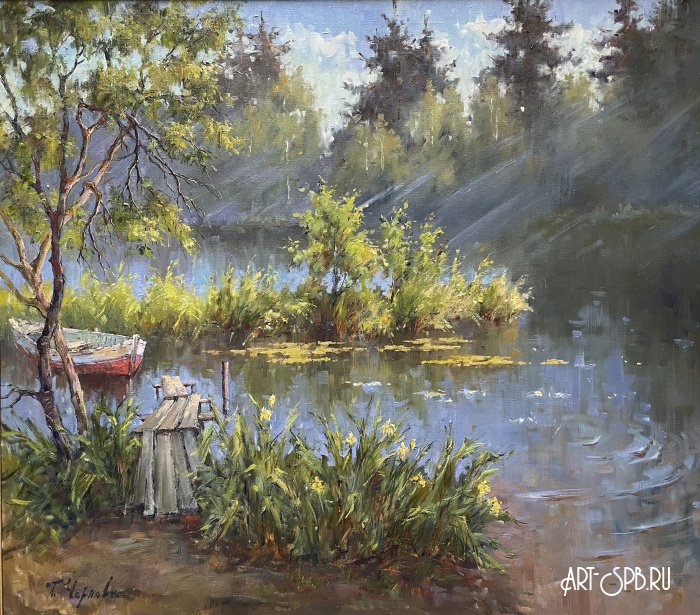 пейзаж с красной лодкой