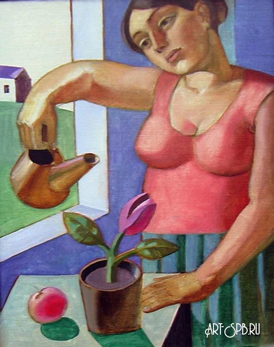 Женщина, ухаживающая за своим цветком Женщина, ухаживающая за своим цветком