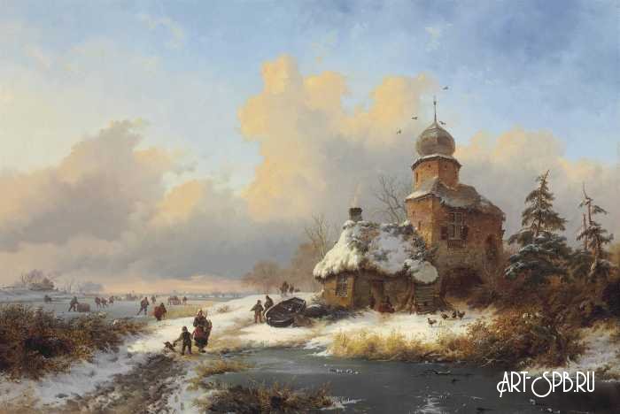 Зимний пейзаж с фигуристами на замерзшей реке. Фредерик Маринус Круземан