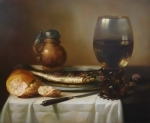 Натюрморт с керамическим кувшином, бокалом вина, селедкой и хлебом. Копия. Питер Клас